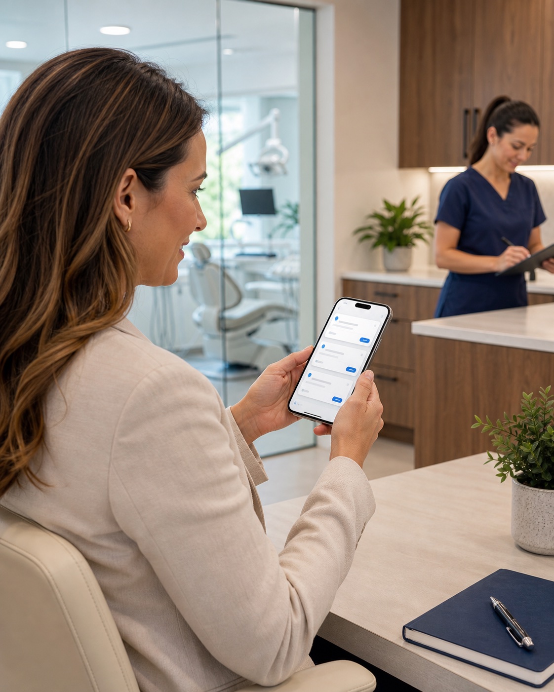 A dental practice manager using the PracticeHire app on an iPhone in a modern dental office.