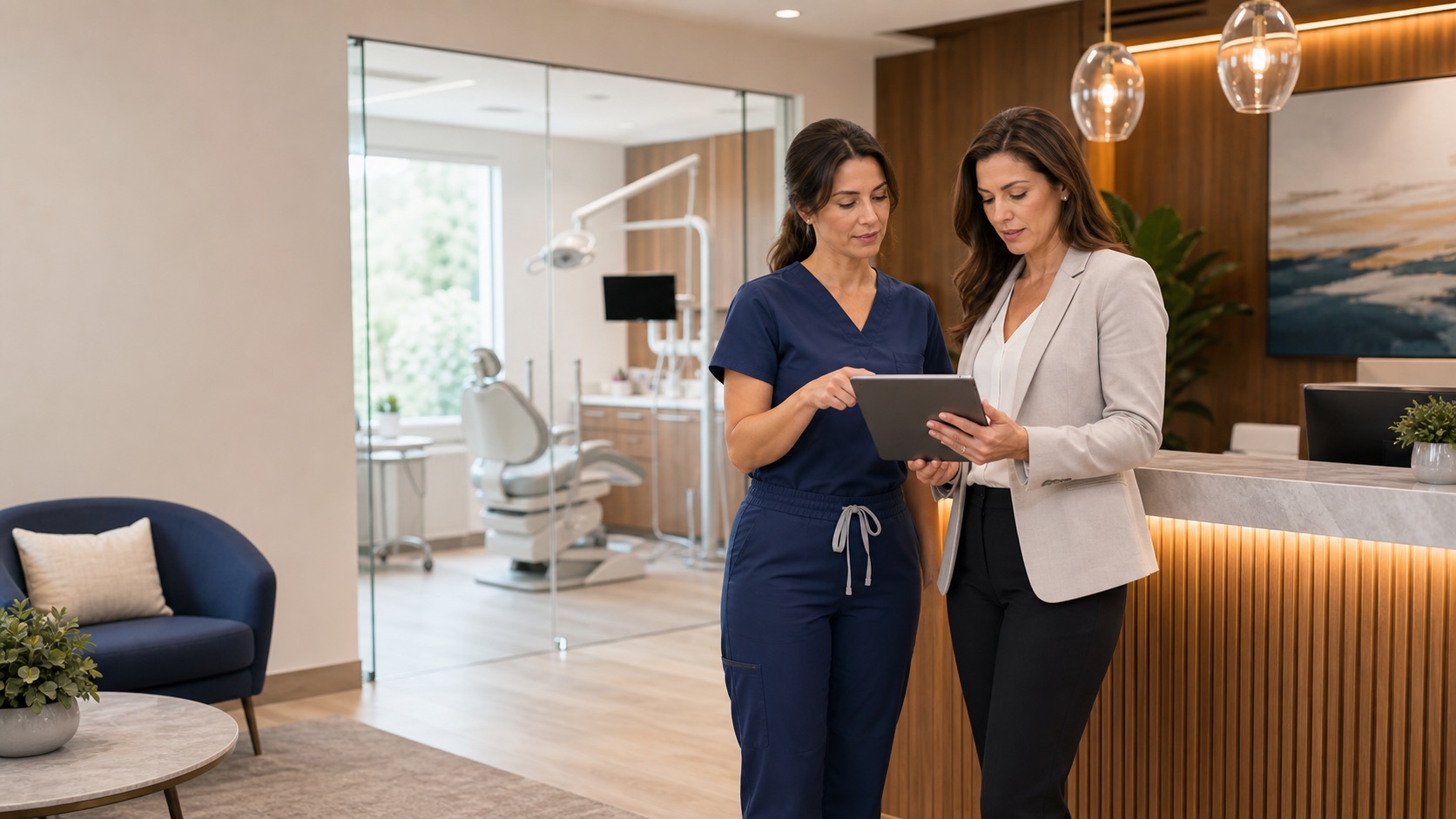Two dental professionals reviewing a tablet in a premium dental practice reception area.