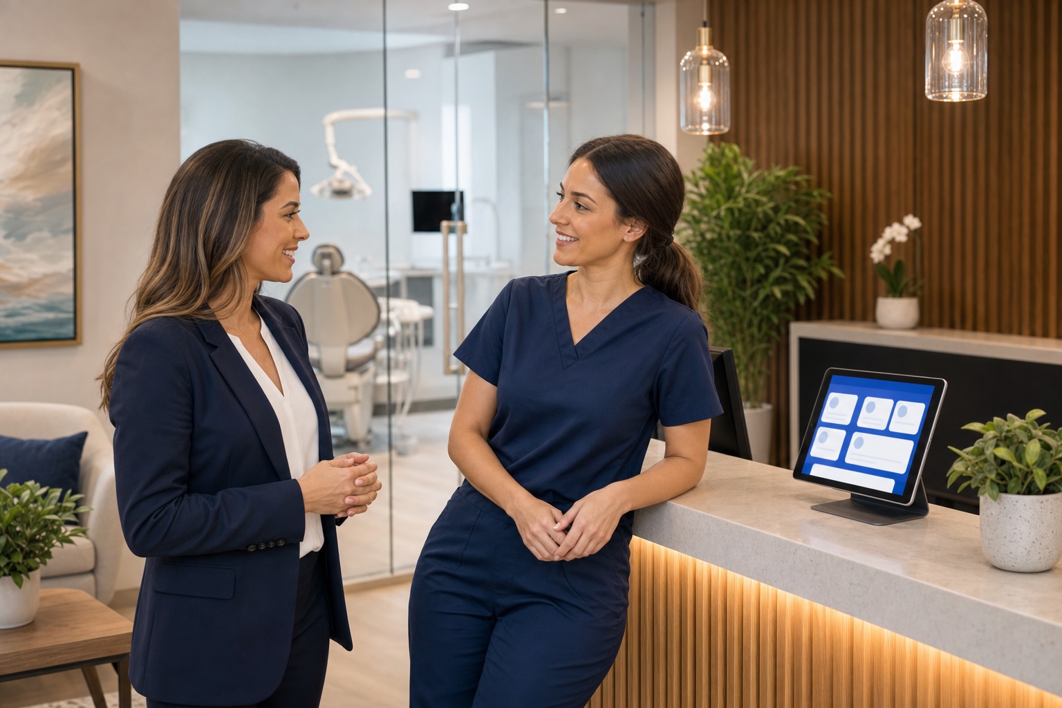 A practice manager and dental hygienist discussing an opportunity in a premium dental practice reception area.